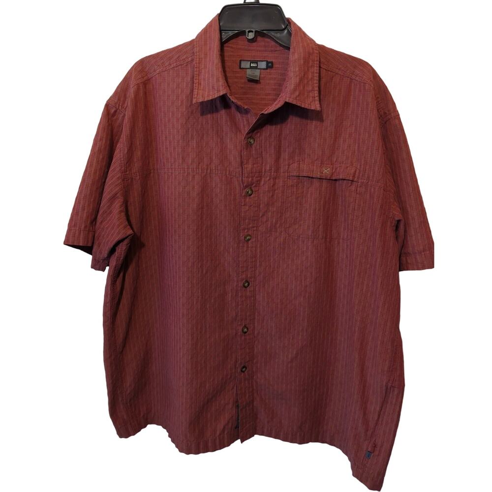 REI Men's 1938 Camp Shirt Red Geometric Basket Weave Honey Comb Pattern Size XL